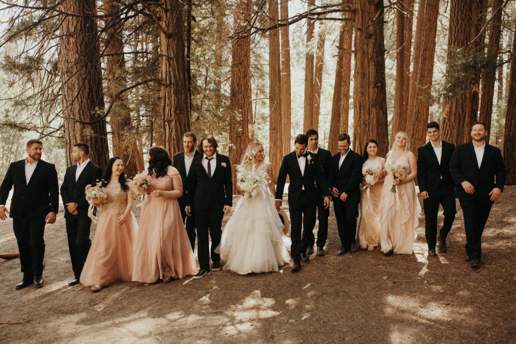 Wedding party walks through the woods in Yosemite National Park. Groomsmen in black and bridesmaids in assorted pink dresses. Assorted pink and white bouquets with mixed live and dried florals.