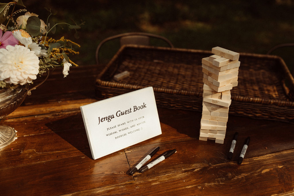 A unique idea, a Jenga set as a Guest Book at a wedding reception.