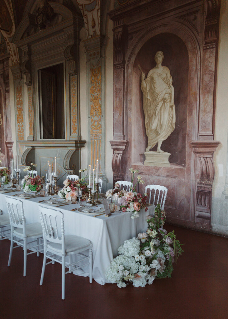 A tablescape at Villa Corsini, a luxury wedding venue in Tuscany, Italy.
